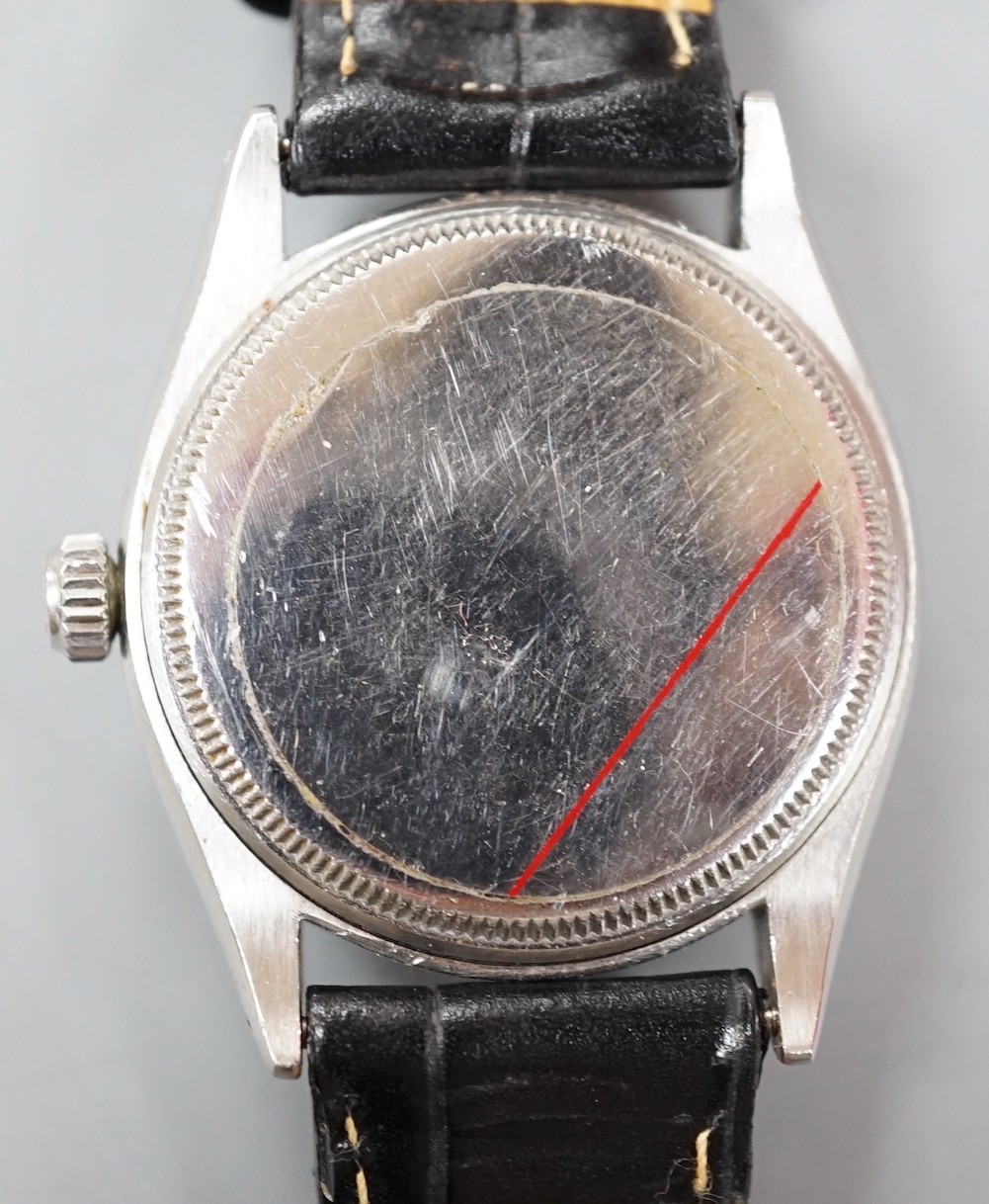 A gentleman's stainless steel Rolex Oysterdate Precision manual wind wrist watch, with later? custom yellow dial, model no. 6294, serial number 959653, on later associated leather strap, case diameter 34mm, no box or pap